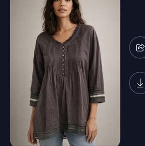 Bashil Blouse Size XL Brown Pleated Lace Trim 3/4 Sleeve Cotton Buttons